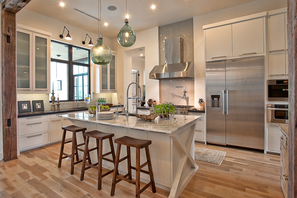 Herringbone Glass Tile Kitchen Transitional with Beams Flush Cabinets Frosted