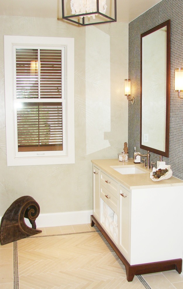 Herringbone Mosaic Tile Bathroom Beach with Accent Wall Baseboards Bath