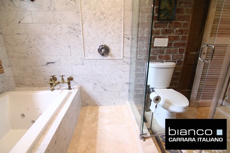 Herringbone Mosaic Tile Bathroom with Carrara Bianco 6x12 Carrara