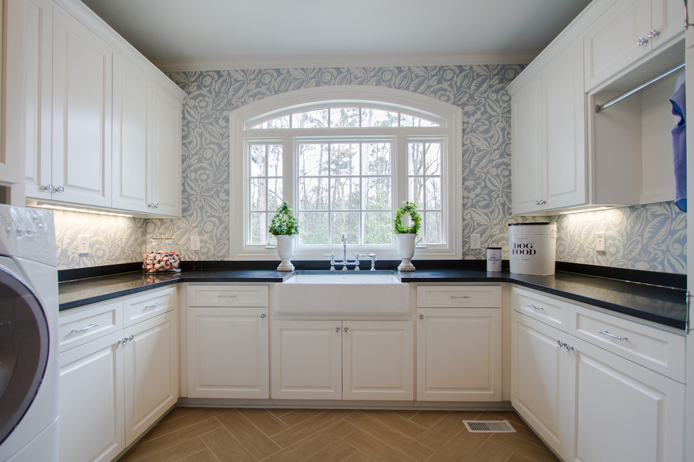 Herringbone Pattern Tile Floor Laundry Room Traditional with Apron Sink Blue Wallpaper