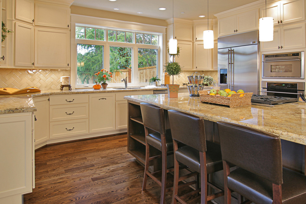 Herringbone Tile Backsplash Kitchen Contemporary with Breakfast Bar Eat In1