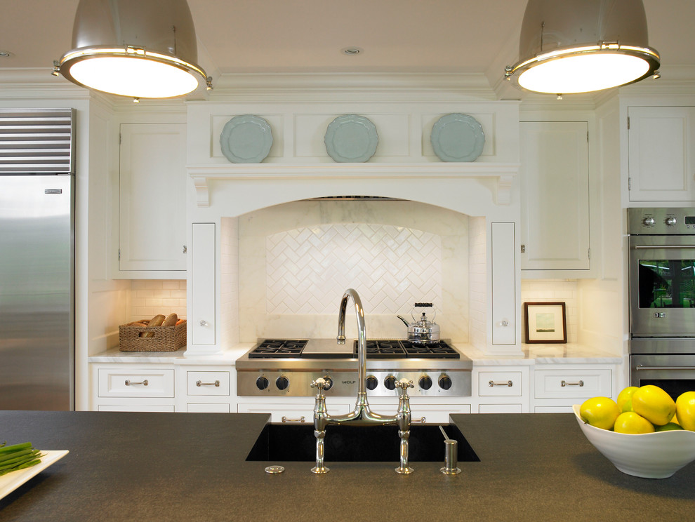 Herringbone Tile Backsplash Kitchen Traditional with Black Granite Counter Tops2
