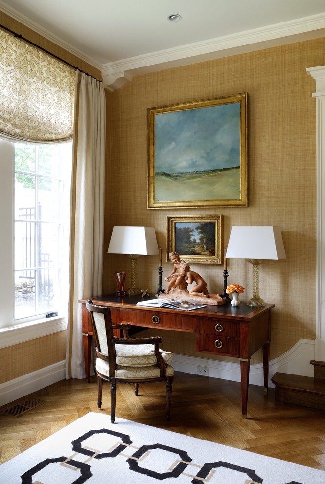 Herringbone Wood Floor Home Office Traditional with Area Rug Artwork Baseboard