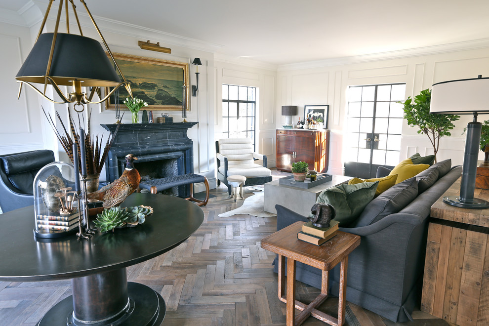 Herringbone Wood Floor Living Room Traditional with Applied Moldings Black Fireplace