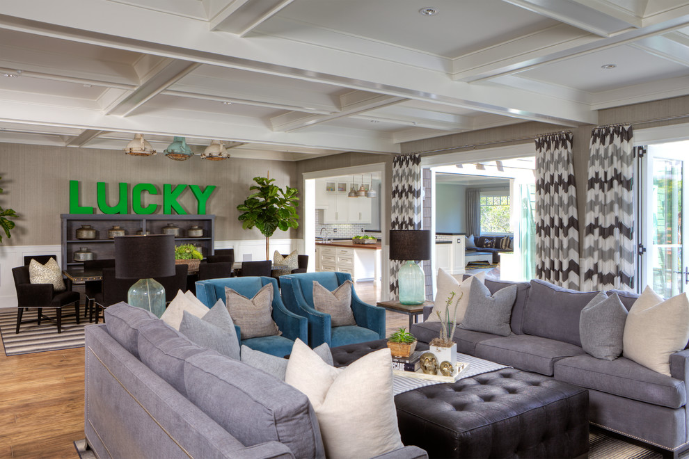 Hickory Wood Floors Family Room Transitional with Blue Living Room Chevron