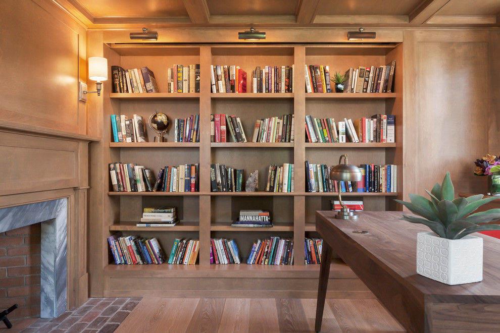 Hidden Projector Screen Home Office Beach with Bookcase Lighting Brick Hearth
