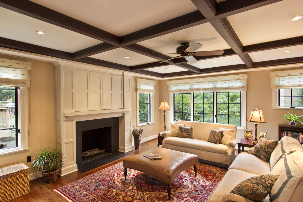 Hidden Tv Cabinet Family Room Traditional with Beige Ceiling Beige Fireplace
