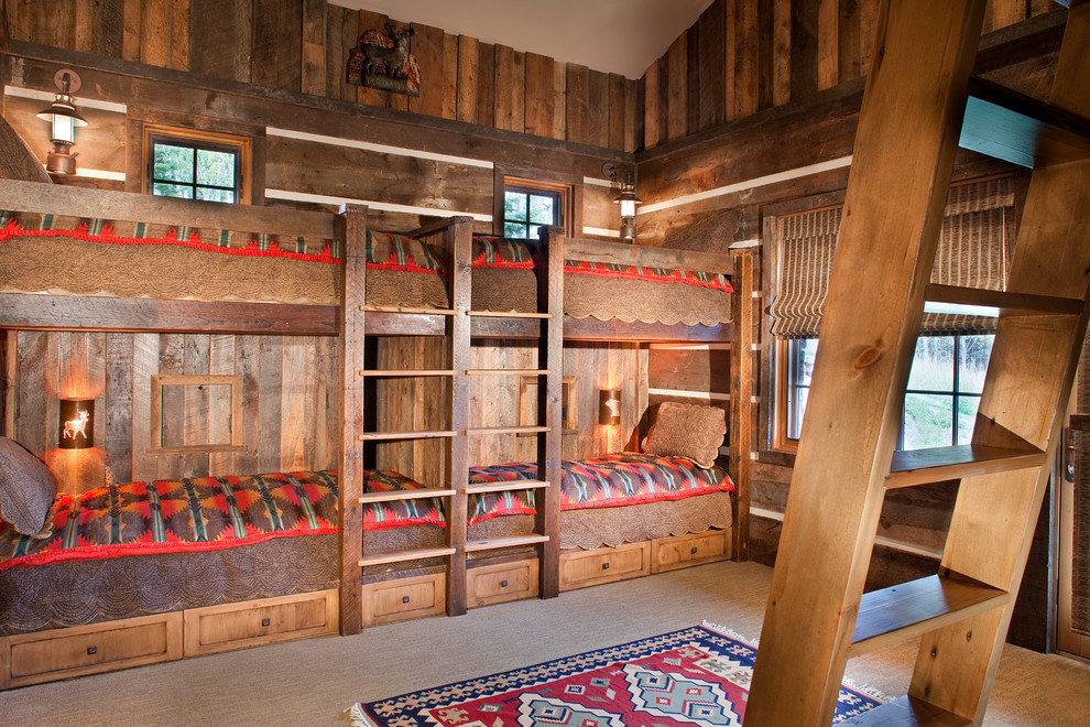 High End Bunk Beds Kids Rustic with American Indian Prints Area