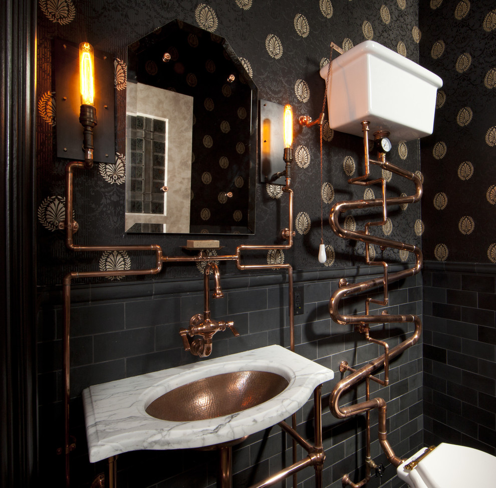 High Tank Toilets Bathroom Eclectic with Black Subway Tile Copper