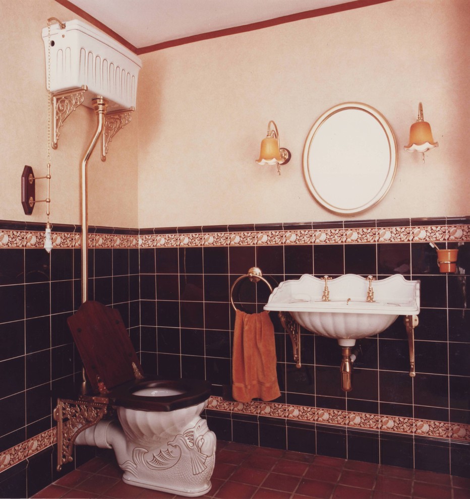 High Tank Toilets Bathroom Traditional with Accent Tile Antique Style