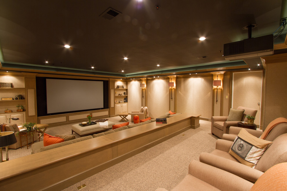 Home Theater Decor Ideas Home Theater Traditional with Beige Carpet Brown Ceiling