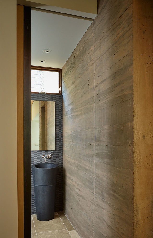 Honed Absolute Black Granite Powder Room Contemporary with Brown Tile Floor Charcoal