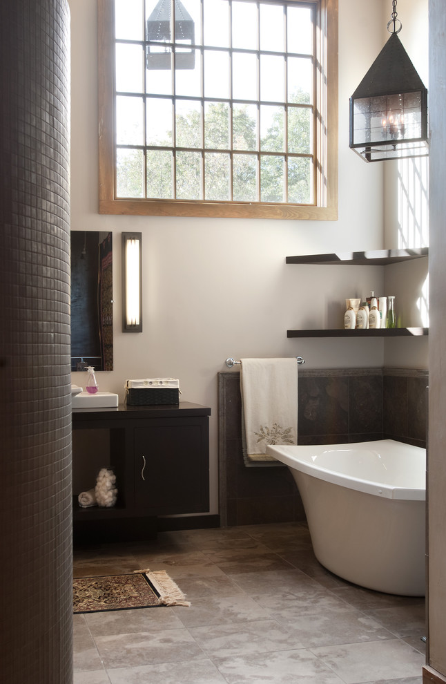 Honed Slate Tile Bathroom Traditional with Area Rug Brown Tile