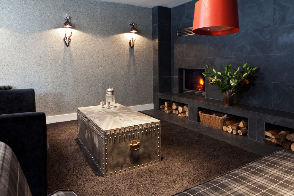 Honed Slate Tile Living Room Contemporary with Area Rug Black Carpet