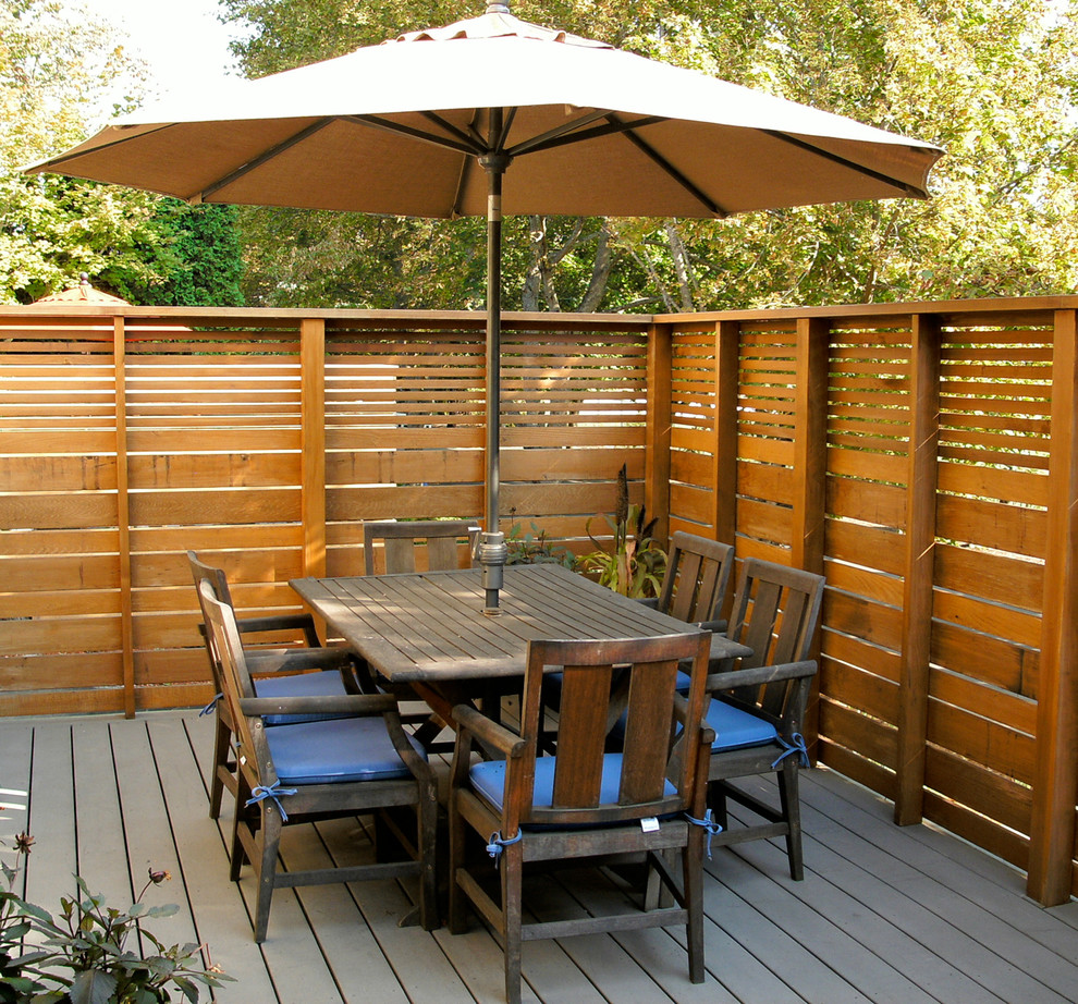Horizontal Cedar Fence Deck Modern with Beige Umbrella Blue Outdoor