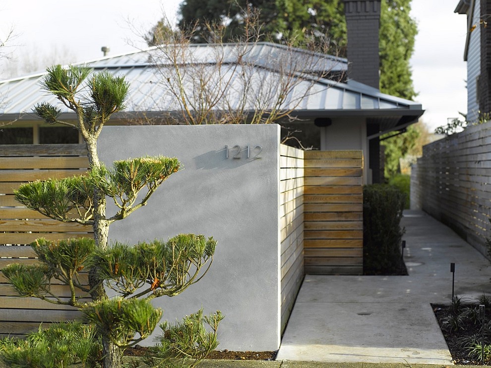 Horizontal Slat Fence Exterior Contemporary with Brick Chimney Concrete Paving