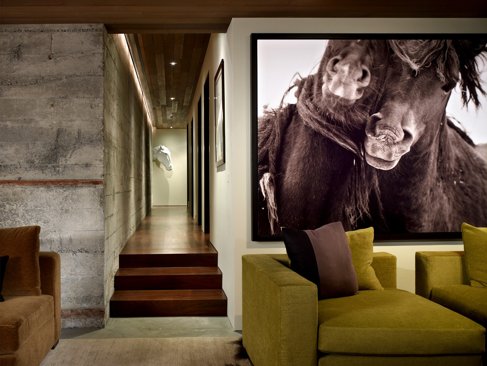 Horse Barn Pictures Family Room Contemporary with Basement Black and White