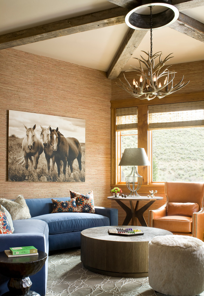 Horse Barn Pictures Family Room Rustic with Antler Chandelier Beige Grasscloth