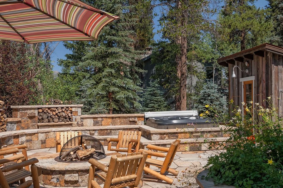 Hot Tub Surround Deck Rustic with Barn Light Fire Screen