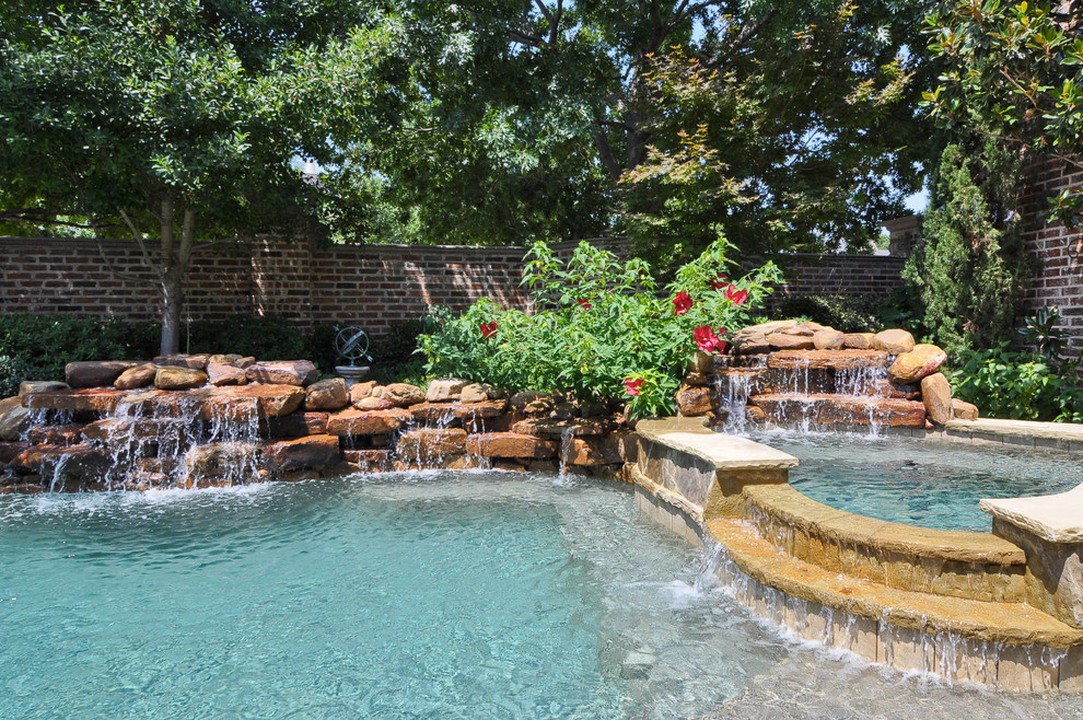 Hot Tub with Waterfall Pool Traditional with Brick Fence Brick Wall