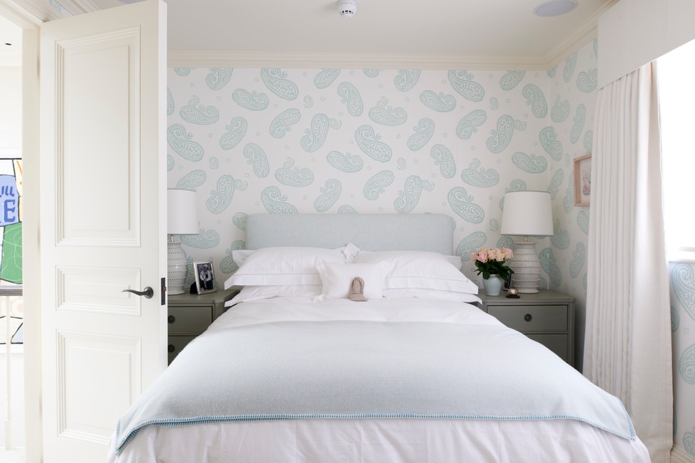 Hotel Bedroom Furniture Bedroom Transitional with Blue and White Paisley