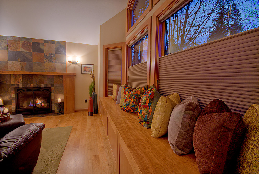 Hunter Douglas Blinds Family Room Contemporary with Built in Seating Decorative