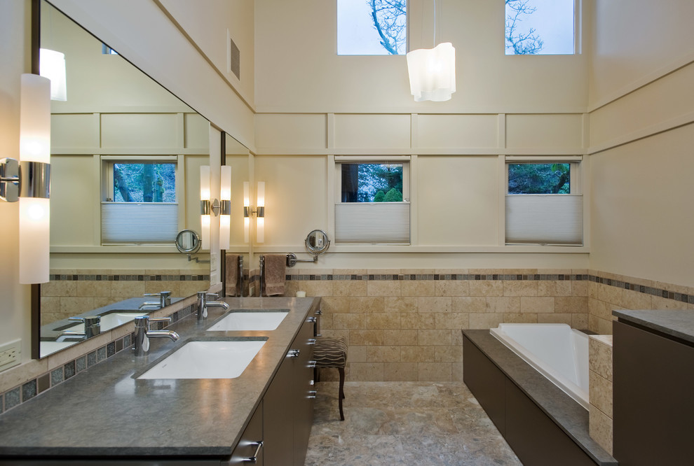 Illuminated Bathroom Mirror Bathroom Contemporary with Bathtub Beige Blinds Browns