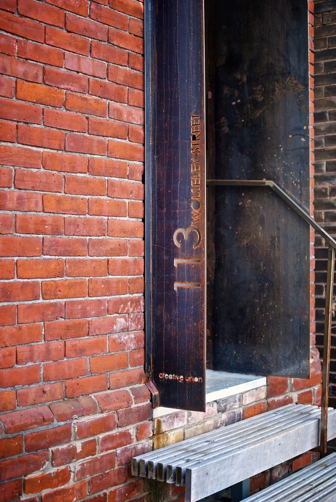 Illuminated House Numbers Exterior Industrial with Black Steel Brick Facade