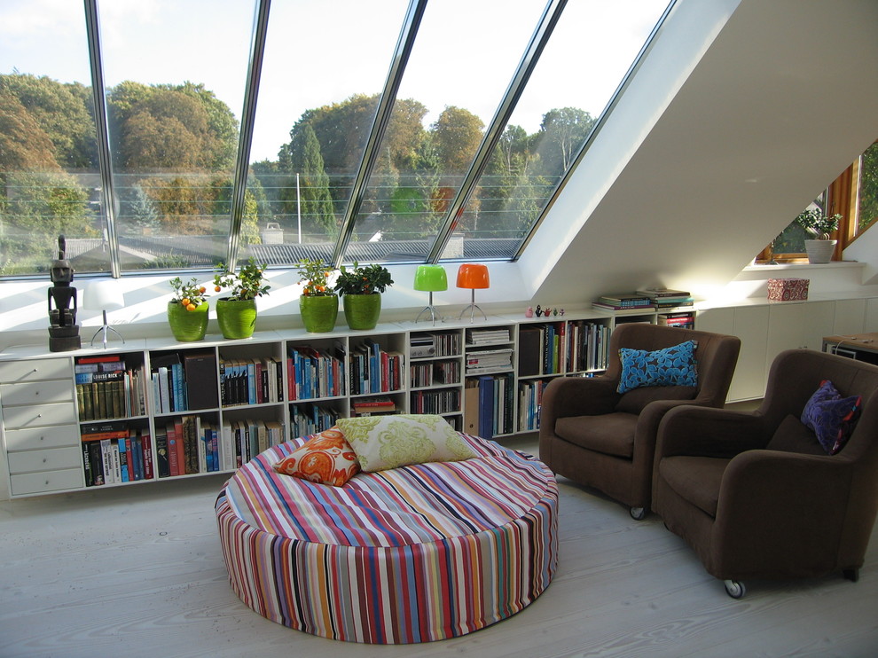 Indoor Plant Pots Family Room Contemporary with Armchair Bold Colors Bookcase