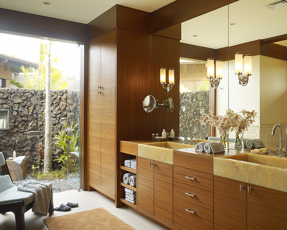 Indoor Stone Walls Bathroom Tropical with Bathroom Lighting Bathroom Storage
