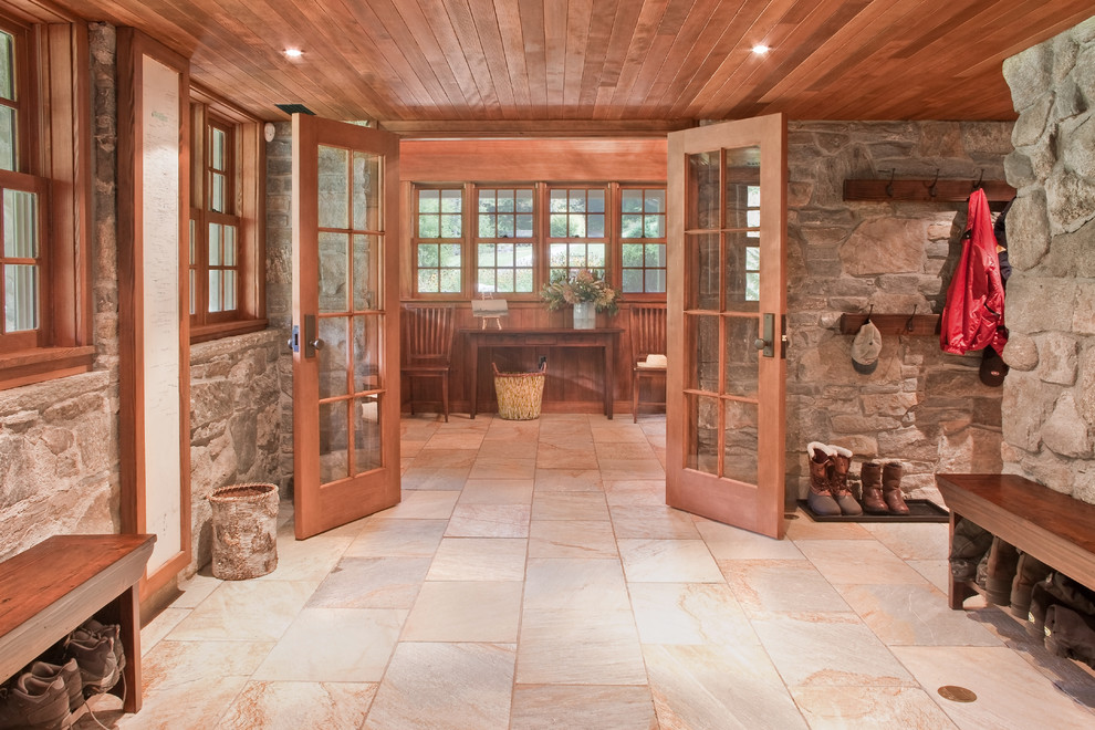 Indoor Stone Walls Entry Rustic with Bench French Door Mountain