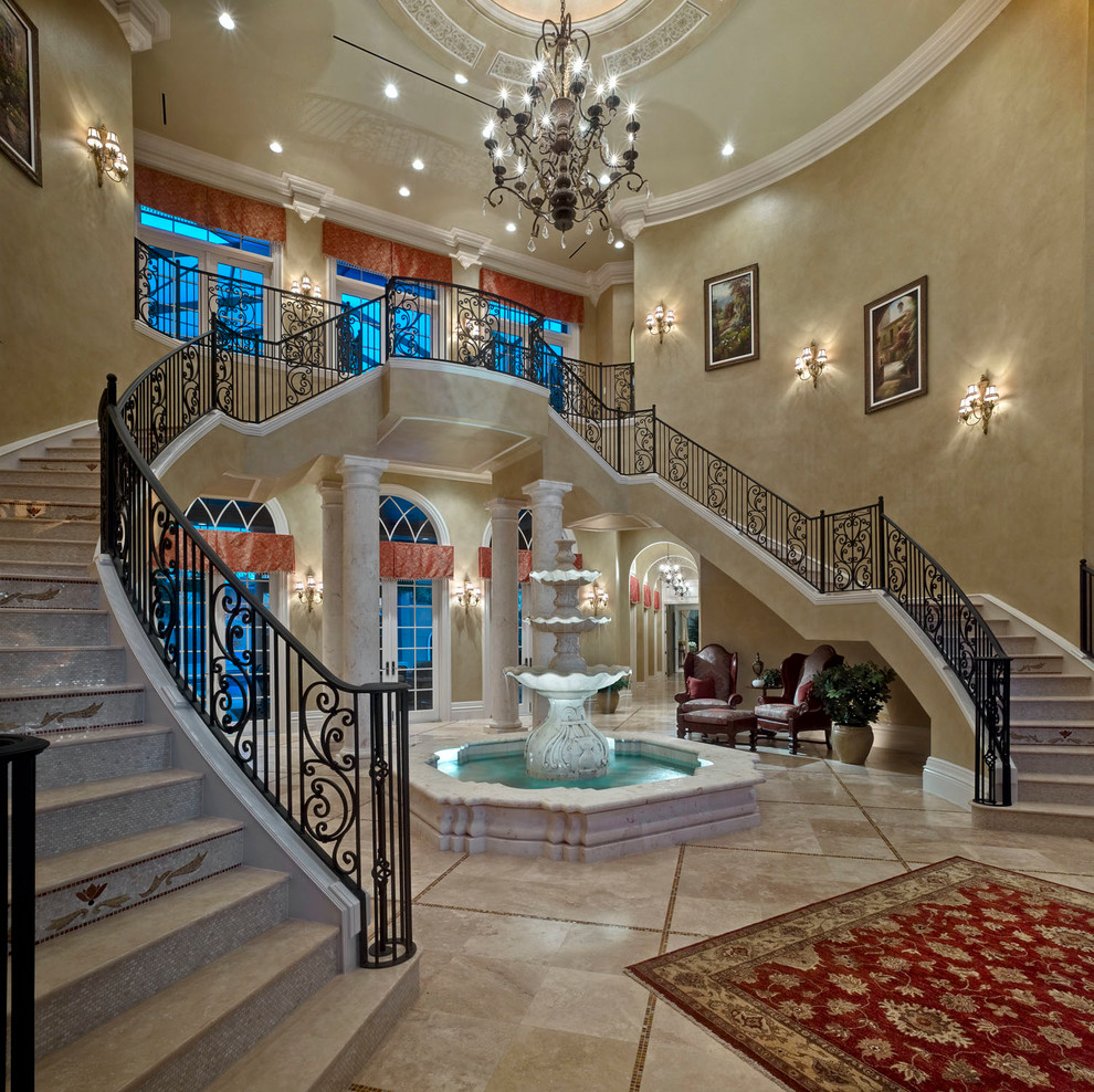 Indoor Water Fountain Staircase Mediterranean with Arched Window Beige Faux