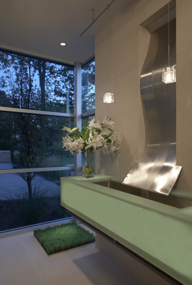 Indoor Waterfall Kit Bathroom Contemporary with Ceiling Lighting Corner Windows