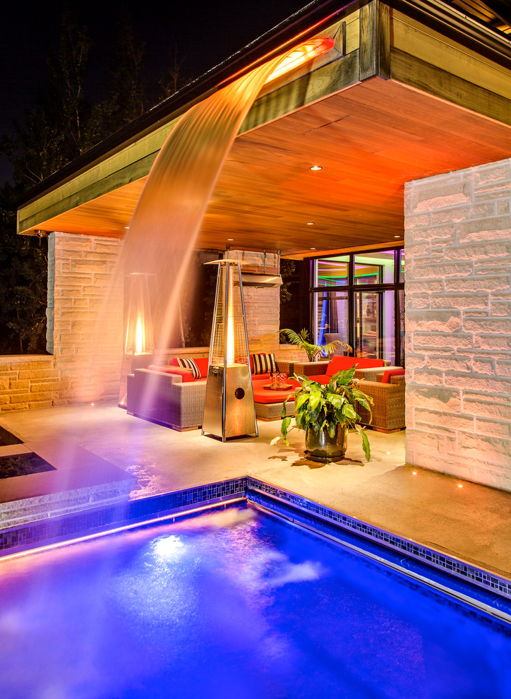 Indoor Waterfall Kit Pool Contemporary with Concrete Patio Covered Patio