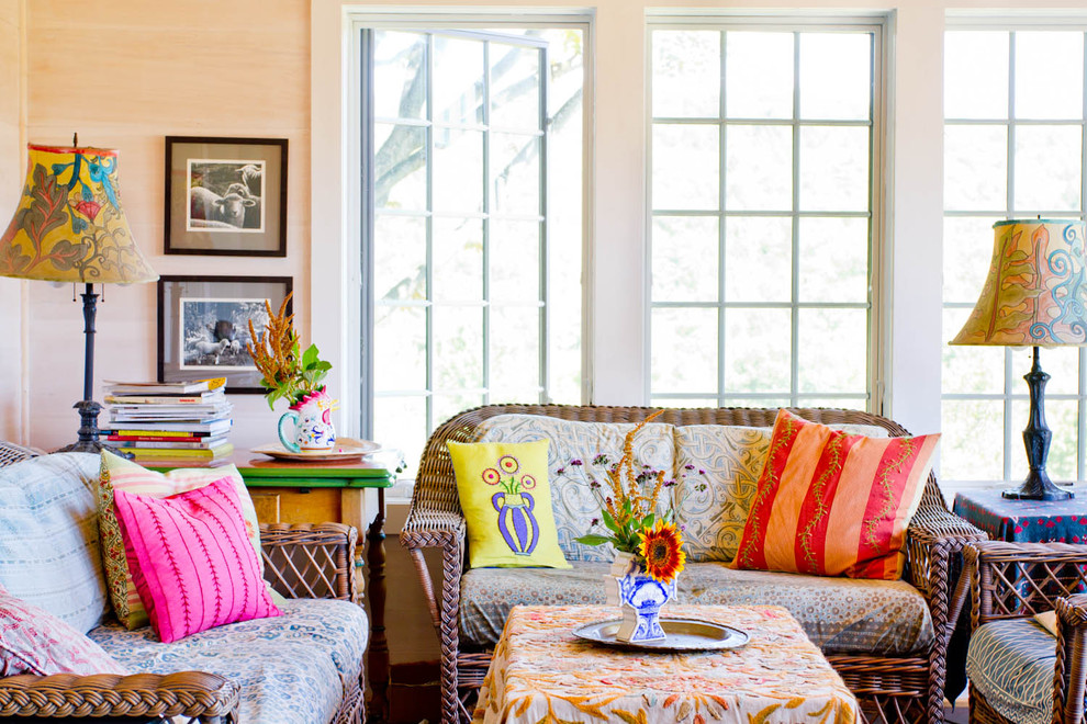 Indoor Wicker Furniture Family Room Farmhouse with Bright Colors Decorative Pillows