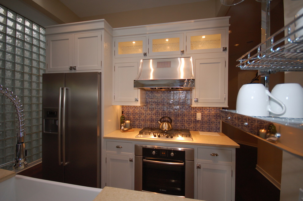 Industrial Cabinet Pulls Kitchen Contemporary with Blue and White Tile