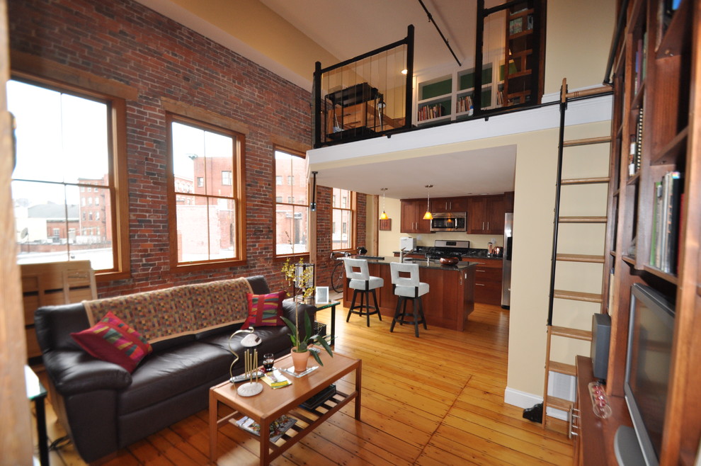 Interior Brick Walls Kitchen Industrial with Bar Stools Built In
