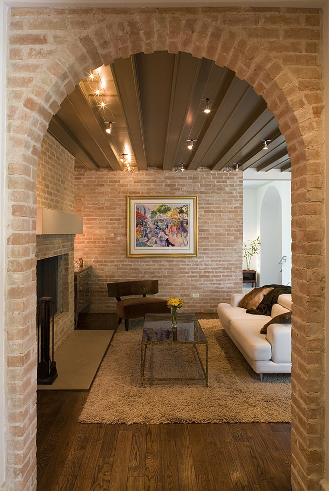 Interior Brick Walls Living Room Rustic with Arched Doorway Area Rug