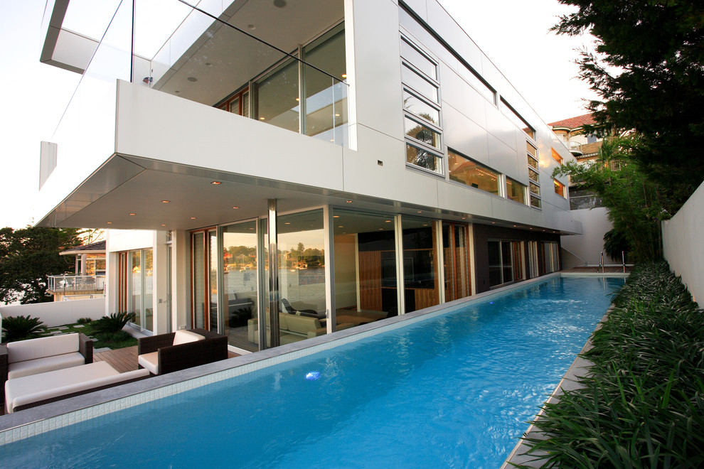 interior sliding glass doors Pool Modern with balcony cantilever ceiling lighting