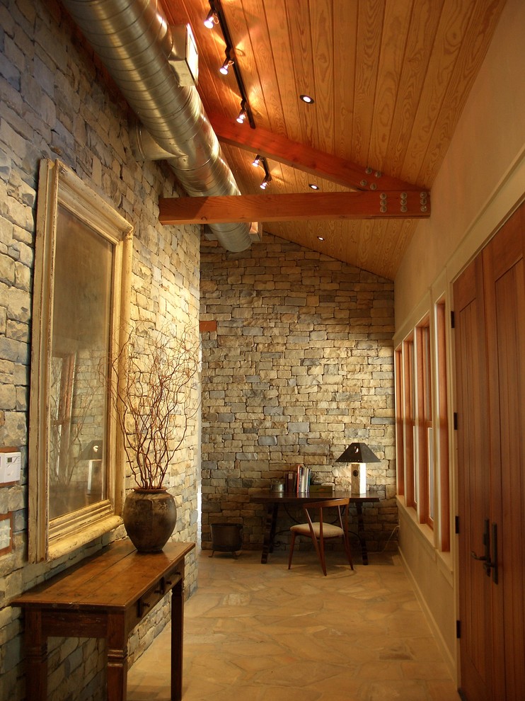 Interior Stone Walls Entry Contemporary with Ceiling Lighting Console Table