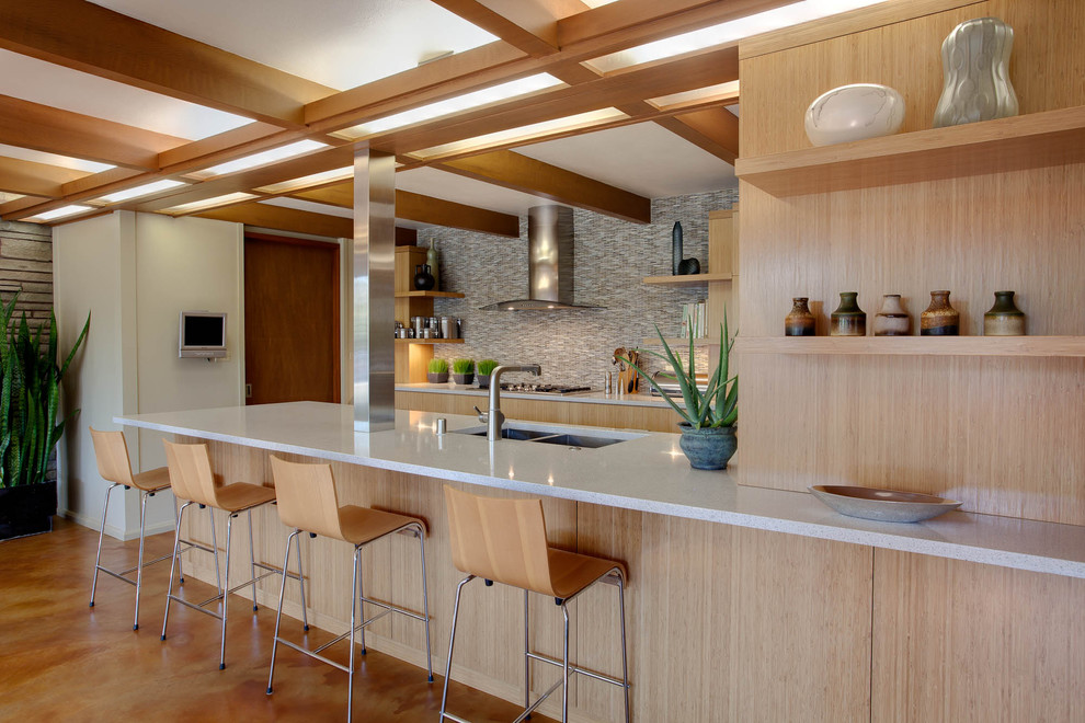 Interior Stone Walls Kitchen Midcentury with Bamboo Cabinets Breakfast Bar