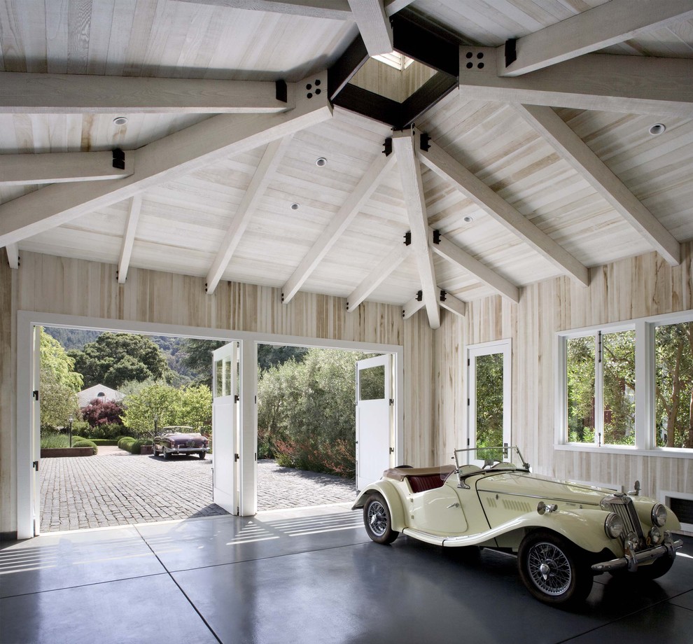 Interior Wood Paneling Garage and Shed Contemporary with Beams Cobbestone Pavers Concrete