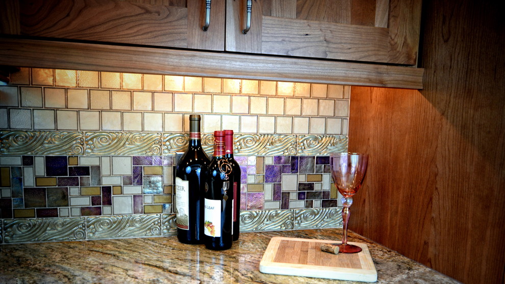Iridescent Glass Tile Backsplash Kitchen Traditional with 2x2 Offset Tile Iridescent