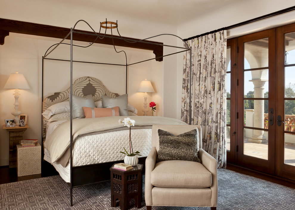 Iron Canopy Bed Bedroom Mediterranean with Archway Bedding Carpeting Column