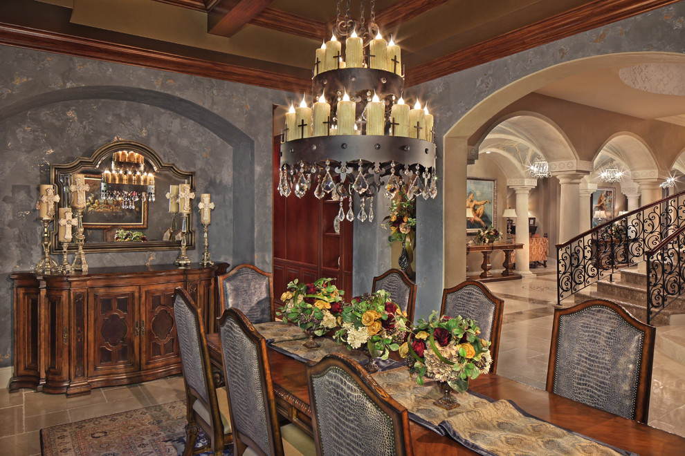 Iron Railing Designs Dining Room Mediterranean with Arched Doorways Chandelier Coffered