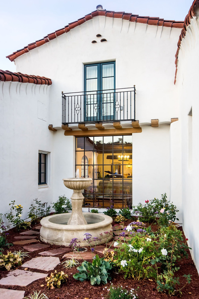 Iron Railing Designs Exterior Mediterranean with Fountain Gable Roof Landscape
