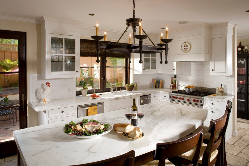 Island Stove Top Kitchen Traditional with Calcatta Marble Ceramic Tile