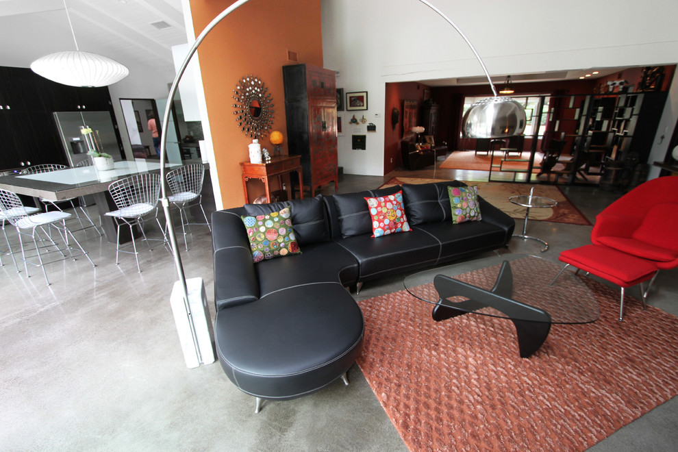 Italian Leather Sofa Family Room Midcentury with Arc Floor Lamp Custom