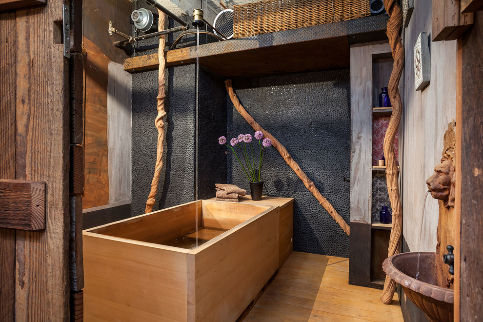 Japanese Soaking Tub Bathroom Industrial with Black Textured Accent Wall