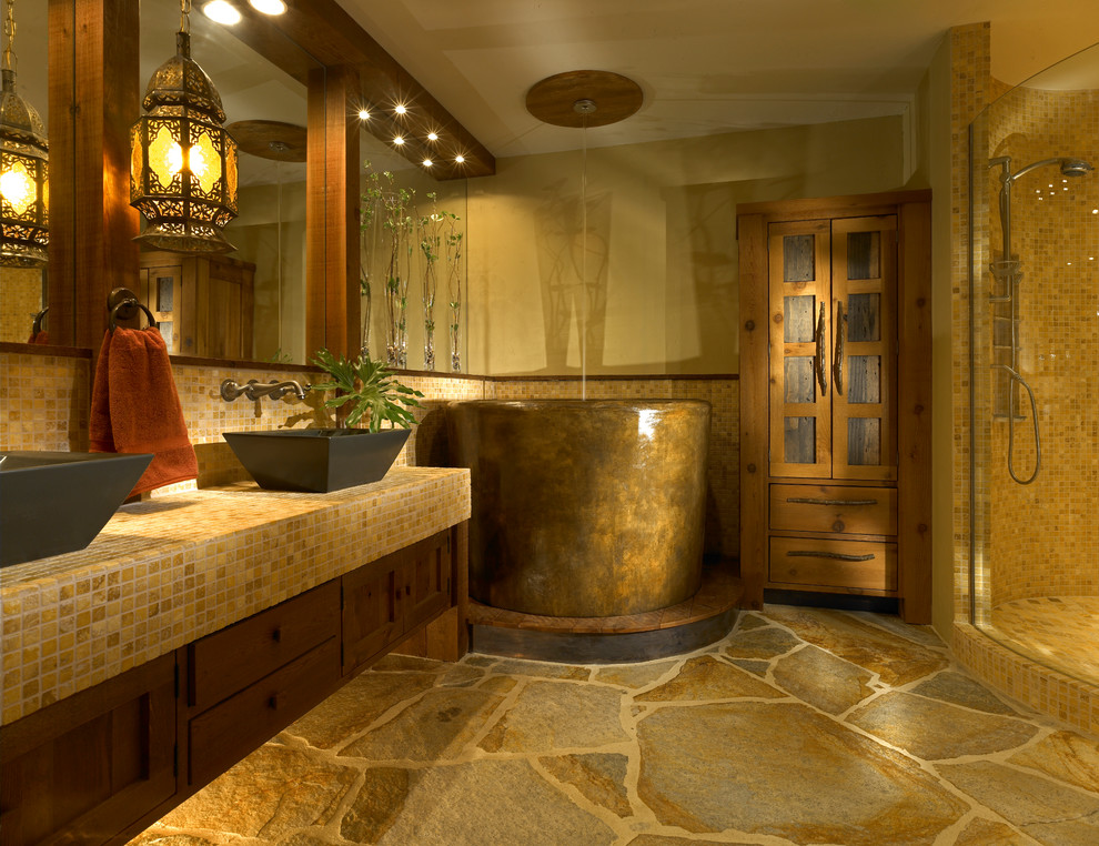 Japanese Soaking Tub Bathroom Rustic with Barn Door Entry Bathroom